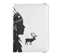 Reisepasshülle aus schwarzem Leder, Motiv: Western-Cowboy, indischer Kopfschmuck, Tribal-Hirsch, dekoratives Reisepassetui für Reisen, für Frauen, Kombi, leicht, Western Cowboy Indianer Kopfschmuck