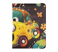 Reisepasshülle im Kritzelei-Stil, Cartoon-Motiv, niedliches Auto, Blume, bunt, Leder, dekorativ, niedlich, Reisedokumente, Organizer, Schutz, niedliches Reisepassbuch, leicht, Niedliche Autoblume im