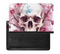 Reisepasshülle, Leder, Reisepassschutz, menschlicher Totenkopf, rosa Blumen, Reisedokumenten-Halter, Reiseutensilien, für Damen und Herren, Menschlicher Totenkopf, rosa Blumen, Einheitsgröße