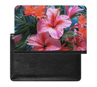 Reisepasshülle mit Kartenfächern, Leder, gelbe und blaue Streifen, wasserdichte Reisepasshülle für Reisen, Rosa Blume Tropische Pflanze, Einheitsgröße