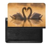 Reisepasshülle mit Kartenfächern, Leder, hellblaue Blütenblätter, wasserdicht, Reisepasshülle für Reisen, Zwei herzförmige Schwäne, Einheitsgröße