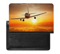 Reisepasshülle mit Kartenfächern, Leder, Mohnblumen, lebendige Blütenblätter, wasserdicht, Reisepasshülle für Reisen, Flugzeug bei Sonnenuntergang, Einheitsgröße