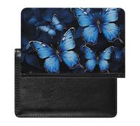 Reisepasshülle mit Kartenfächern, Leder, Reisepasshülle, Sonnenblume, schwarzer Hintergrund, wasserdicht, Reisepasshülle für Reisen, Dunkelblaue Schmetterlinge, Einheitsgröße