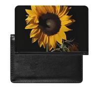 Reisepasshülle mit Kartenfächern, Leder, Reisepasshülle, Sonnenblume, schwarzer Hintergrund, wasserdicht, Reisepasshülle für Reisen, Sonnenblume Hintergrund schwarz, Einheitsgröße