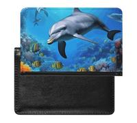 Reisepasshülle mit Kartenfächern, Leder, Reisepasshülle, tropische Früchte, Ananas, wasserdicht, Reisepasshülle für Reisen, Delfin im Korallenriff, Einheitsgröße