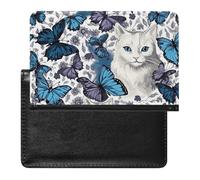 Reisepasshülle Reisezubehör Braunbär Wasserdicht Reisepass Reisebrieftasche mit Kartenfächern für Damen Herren, Blauer Schmetterling und weiße Katze, Einheitsgröße