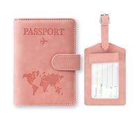 Reisepasshülle und Kofferanhänger Set, Kunstleder Reisepass Organizer mit Gepäckanhänger, Passport Cover Hülle mit RFID-Blocke für Kreditkarten Personalausweise Reisedokumente, Reisezubehör (rosa)