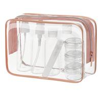 Reiseset 10-teiliges mit Reiseflaschen 100ml, Transparenter Kulturbeutel | Flüssigkeiten Set für Flugreise & Handgepäck mit Sprayflasche, Pumpflasche, Quetschflaschen, Cremetiegel & 20x20cm Beutel