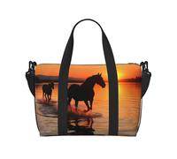 Reisetasche für persönliche Gegenstände, Handgepäck, Trainingshandtasche, leicht, wasserdicht, Sporttasche, Sporttasche, Sonnenuntergänge, See, Pferde, Wochenendtasche für Damen und Herren, Schwarz,