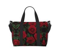 Reisetasche mit rotem Rosenmuster, Wochenendtasche für Damen, leichte Handgepäcktasche, persönliche Gegenstände, Schwarz , Einheitsgröße
