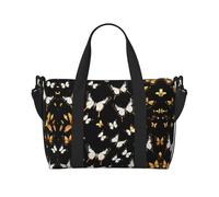 Reisetasche, Motiv: goldfarbene weiße Schmetterlinge, schwarzer Druck, Wochenendtasche für Damen, leichte Handgepäcktasche, persönliche Gegenstände, Schwarz , Einheitsgröße