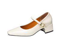 REKALFO Damen Mary Jane Schuhe mit niedrigem Kleid Absatz Zum Hineinschlüpfen Quadratische Zehe Klassische Bequeme klobige Absätze für Arbeit, Büro, Freizeit und Brautmode Beige 44.5 EU
