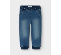 Relax-fit-Jeans NAME IT "NMFBELLA BAG R FLEECE JEANS 5705-AN O", Mädchen, Gr. 122, N-Gr, blau (dunkelblau denim print:print), Denim/Jeans, Obermaterial: 64% Baumwolle, 34% Polyester, 2% Elasthan, bedr