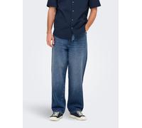 Relax-fit-Jeans ONLY & SONS "ONSFADE LOOSE BOX TAI DNM MU OTL", Damen, Gr. 31, Länge 32, blau (medium blau denim), Denim/Jeans, Obermaterial: 100% Baumwolle, Abriebeffekte, relaxed fit lang, Jeans, Ba