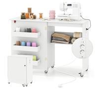 RELAX4LIFE 2 in 1 Nähtisch, Nähmaschinenschrank klappbar mit Ladestation, Nähschrank aus Holz mit Regalen, Nähmaschinentisch auf Rollen für Wohnzimmer & Schlafzimmer & Arbeitszimmer (Weiß)