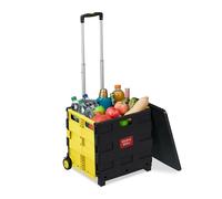 Relaxdays Einkaufstrolley klappbar, bis 35 kg, 50 l Kiste, mit Teleskopgriff, 2 Rollen, Transport Trolley, gelb/schwarz