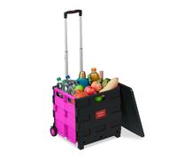 Relaxdays Einkaufstrolley klappbar, bis 35 kg, 50 l Kiste, mit Teleskopgriff, 2 Rollen, Transport Trolley, pink/schwarz