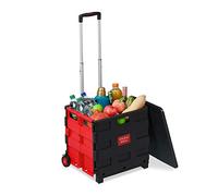 Relaxdays Einkaufstrolley klappbar, bis 35 kg, 50 l Kiste, mit Teleskopgriff, 2 Rollen, Transport Trolley, rot/schwarz