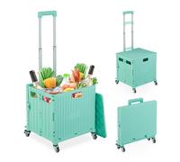 Relaxdays Einkaufstrolley klappbar, Einkaufskorb mit Lenkrollen, bis 35 kg, Deckel & Teleskopgriff, Rollkiste, türkis