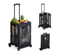 Relaxdays Einkaufstrolley klappbar, Einkaufskorb mit Rollen, bis 25 kg, Teleskopgriff, Gitter, hohe Rollkiste, schwarz