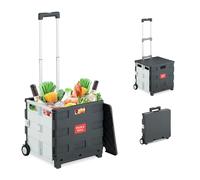 Relaxdays Einkaufstrolley, klappbar, Einkaufskorb mit Rollen, Deckel & Teleskopgriff, bis 35 kg, Rollkiste, weiß/grau