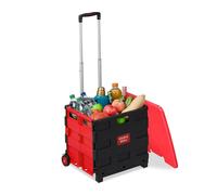 Relaxdays Einkaufstrolley, Klapptrolley mit Rollen & Deckel, Teleskopgriff, bis 35 kg, Faltbarer Trolley, rot/schwarz