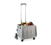 Relaxdays Einkaufstrolley Treppensteiger, klappbar, Einkaufskorb mit Rollen, Deckel, Teleskopgriff, bis 50 kg, weiß/grau, 1 Stück
