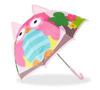 Relaxdays Kinderregenschirm mit 3D Eule, Regenschirm für Mädchen und Jungen, kleiner Stockschirm