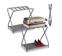 Relaxdays Kofferständer, 2er Set, klappbar, Gepäckständer mit Ablage, HBT: 58x66x38 cm, Kofferablage, Hotel, Stahl, grau
