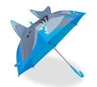 Relaxdays Regenschirm Kinder, 3D Motiv Hai, Kinderregenschirm Junge & Mädchen, Ø 78 cm, Kleiner Stockschirm, blau/grau