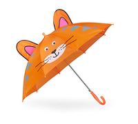 Relaxdays Regenschirm Kinder, 3D Motiv Tiger, Kinderregenschirm Junge & Mädchen, Ø 78 cm, Kleiner Stockschirm, orange