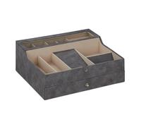 Relaxdays Schmuckkästchen, Lederoptik, Samt, Schmuckkasten für Damen & Herren, HxBxT: 13 x 34 x 31 cm, Schmuckbox, grau