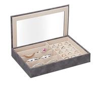 Relaxdays Schmuckkästchen, Lederoptik, Samt, Schmuckkasten mit Sichtfenster, HxBxT: 5 x 30 x 21 cm, Ringhalter, grau