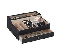 Relaxdays Schmuckkästchen, Lederoptik, Samt, Schmuckkasten für Damen & Herren, HBT: 13 x 34 x 31 cm, Schmuckbox, schwarz
