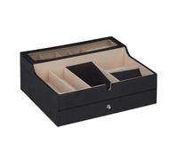 Relaxdays Schmuckkästchen, Lederoptik, Samt, Schmuckkasten für Damen & Herren, HBT: 13 x 34 x 31 cm, Schmuckbox, schwarz