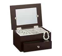 Relaxdays Schmuckkästchen mit Fotodeckel HBT 9,5 x 18,5 x 13,5 cm kleiner Schmuckkasten mit Ringfach Schmuckaufbewahrung für Ketten und Ohrringe Schmuckschatulle mit Schubfach und Spiegel, dunkelbraun