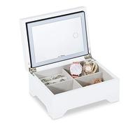 Relaxdays Schmuckkästchen, Schmuckkasten mit LED Spiegel, 4 Fächer für Ringe & Armbänder, HBT 10 x 20,5 x 15,5 cm, weiß