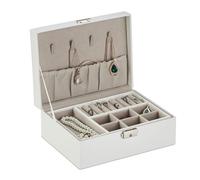 Relaxdays Schmuckkasten, Schmuckaufbewahrung mit Ringhalter, HxBxT: 9,5 x 23 x 17,5 cm, herausnehmbarer Einsatz, weiß