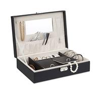 Relaxdays Schmuckkasten in Leder-Optik, Schmuckkoffer mit Spiegel, verschließbar, Kunstleder, BxT: 28 x 19,5 cm, schwarz