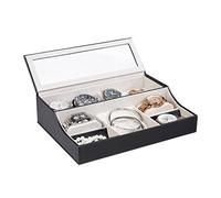 Relaxdays Schmuckkasten klein, Schmuckkästchen mit Deckel, für Uhren u. Schmuck, Fenster, Samt, HBT: 7x28x21 cm, schwarz