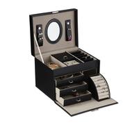 Relaxdays Schmuckkasten, Schmuckaufbewahrung mit Spiegel, Ringhalter, HxBxT: 18,5 x 24 x 19 cm, Schmuckkoffer, schwarz