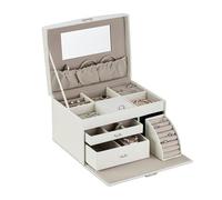 Relaxdays Schmuckkasten, Schmuckaufbewahrung mit Spiegel, Ringhalter, HBT: 18x26,5x19cm, Schmuckkoffer, Lederoptik, weiß