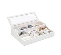 Relaxdays Schmuckkasten weiß, Schmuckkästchen mit Deckel, kleiner Schmuckkoffer für Uhren, Samt, HBT: 7x28x21 cm, white