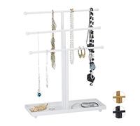 Relaxdays Schmuckständer, 3 Stangen, t-förmig, für Ketten, Ohrringe & Armbänder, mit Ablage, Schmuckhalter Metall, weiß