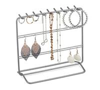 Relaxdays Schmuckständer, Ketten & Ohrringe, Schmuckaufbewahrung, HxBxT: 18 x 20 x 9 cm, Ohrringhalter Metall, silber