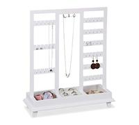 Relaxdays Schmuckständer, Ohrringhalter aus Holz, für Damen, zum Aufhängen von Schmuck, mit Ringlade, H: 34,5 cm, weiß