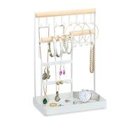 Relaxdays Schmuckständer, Schmuckaufbewahrung Ketten & Ohrringe, Schmuckhalter mit Ablage, Holz und Metall, weiß/natur