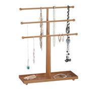 Relaxdays Schmuckständer, T-förmig, 3 Ebenen, für Ketten, Armbänder & Ohrringe, mit Ablage, Kettenhalter Metall, bronze, 1 Stück