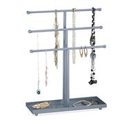 Relaxdays Schmuckständer, T-förmig, 3 Ebenen, für Ketten, Armbänder & Ohrringe, mit Ablage, Kettenhalter Metall, Silber, 40 x 31 x 11 cm