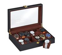 Relaxdays Uhrenbox, 12 Uhren, Samtkissen, Sichtfenster, HxBxT: 8,5 x 31,5 x 21 cm, Uhrenschatulle, MDF, schwarz-braun